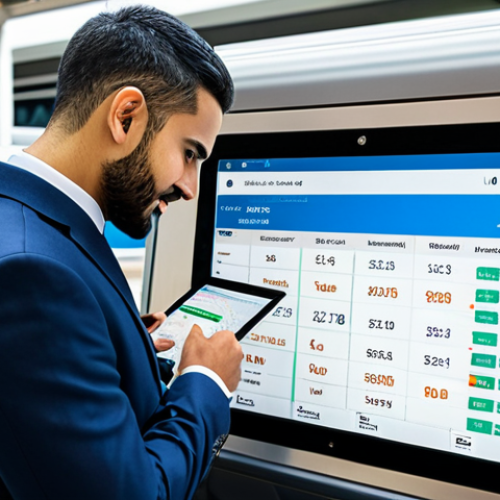 Home 11 An Arab professional man in a modest business suit, subtly interacting with a sleek tablet displaying a sophisticated train ticket booking interface. The interface shows graphs and smart data analytics, suggesting AI-driven price predictions and discounted offers. He is seated in a modern, bright train station lounge, with a high-speed train visible through a large, clean window in the background. The atmosphere is calm and efficient, highlighting the ease of smart travel. This image is safe for work, appropriate content, fully clothed, and professionally dressed. Perfect anatomy, correct proportions, well-formed hands, proper finger count, natural body proportions, and a professional, high-quality photographic style are mandatory.