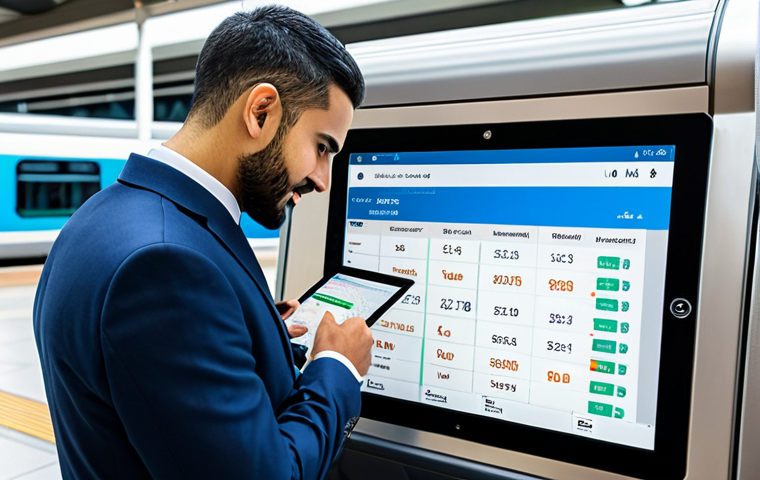 An Arab professional man in a modest business suit, subtly interacting with a sleek tablet displaying a sophisticated train ticket booking interface. The interface shows graphs and smart data analytics, suggesting AI-driven price predictions and discounted offers. He is seated in a modern, bright train station lounge, with a high-speed train visible through a large, clean window in the background. The atmosphere is calm and efficient, highlighting the ease of smart travel. This image is safe for work, appropriate content, fully clothed, and professionally dressed. Perfect anatomy, correct proportions, well-formed hands, proper finger count, natural body proportions, and a professional, high-quality photographic style are mandatory.