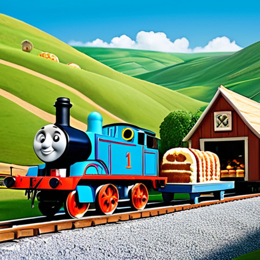 토마스와 친구들 애니메이션 리부트 정보 - **Image Prompt 1: Sodor's Vibrant New Look with the Bakery and Caf&eacute;** "A lively, vibrant 2D anim...