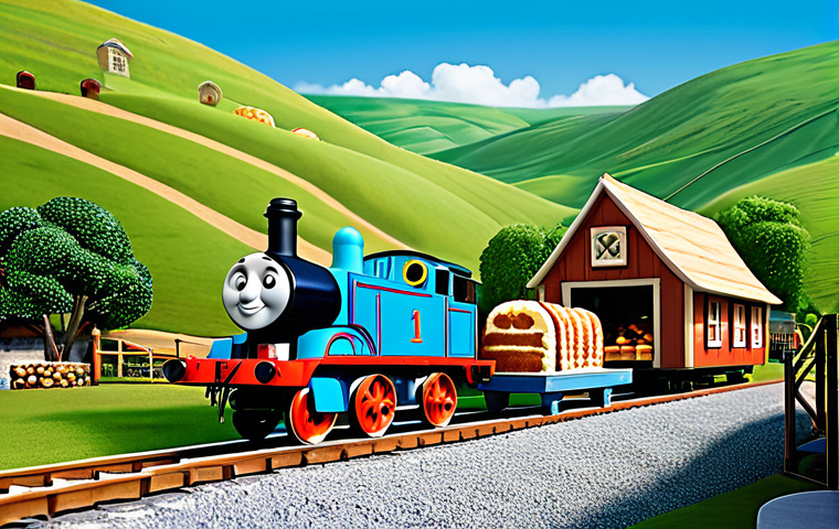 토마스와 친구들 애니메이션 리부트 정보 - **Image Prompt 1: Sodor's Vibrant New Look with the Bakery and Caf&eacute;** "A lively, vibrant 2D anim...