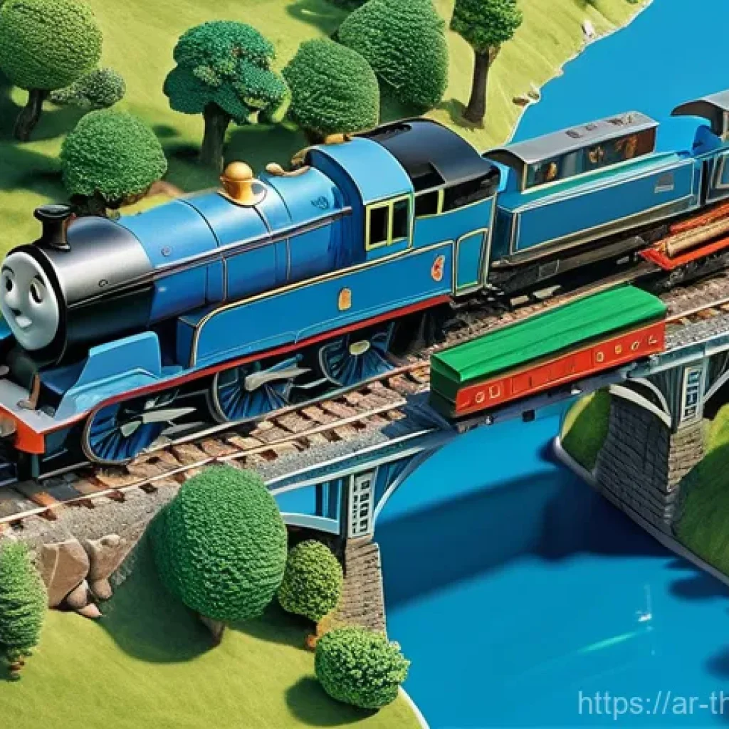 토마스와 친구들 속 마을 지도 - **Prompt:** A vibrant, high-angle aerial view of the bustling island of Sodor, showcasing a complex ...