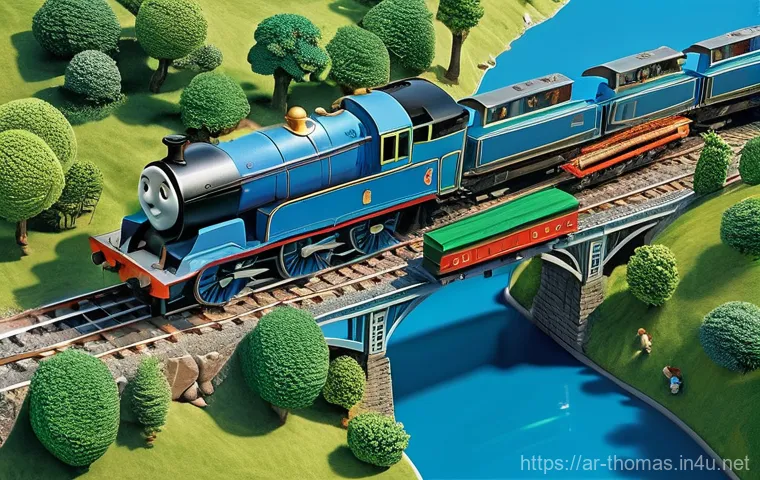 토마스와 친구들 속 마을 지도 - **Prompt:** A vibrant, high-angle aerial view of the bustling island of Sodor, showcasing a complex ...
