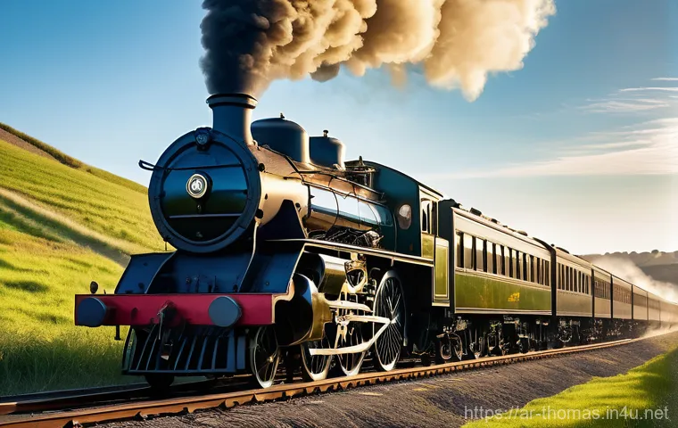 기관차 캐릭터의 특징별 구분 - **Vintage Steam Locomotive in a Picturesque Landscape:** A majestic, large, black vintage steam loco...