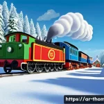 토마스와 친구들 크리스마스 에디션 - **Prompt:** A vibrant, cheerful scene on the Island of Sodor during Christmas. Thomas the Tank Engin...