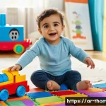 토마스와 친구들 메가 블록스 - A joyful Arab toddler wearing a diaper, sitting on a colorful carpet and playing with large, safe Me...