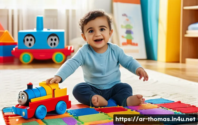 토마스와 친구들 메가 블록스 - A joyful Arab toddler wearing a diaper, sitting on a colorful carpet and playing with large, safe Me...