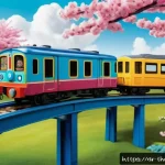 토마스와 친구들 일본판 특징 - A vibrant and detailed scene featuring anthropomorphic trains inspired by the Japanese Thomas & Frie...
