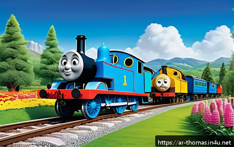 토마스와 친구들 에피소드 인기 투표 - A vibrant and detailed scene of Thomas the Tank Engine leading a group of diverse friends, including...